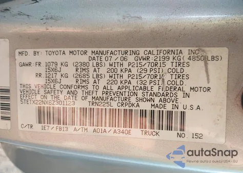2006 Toyota Tacoma z USA, uszkodzony, nr VIN 5PETX22NX6Z301123